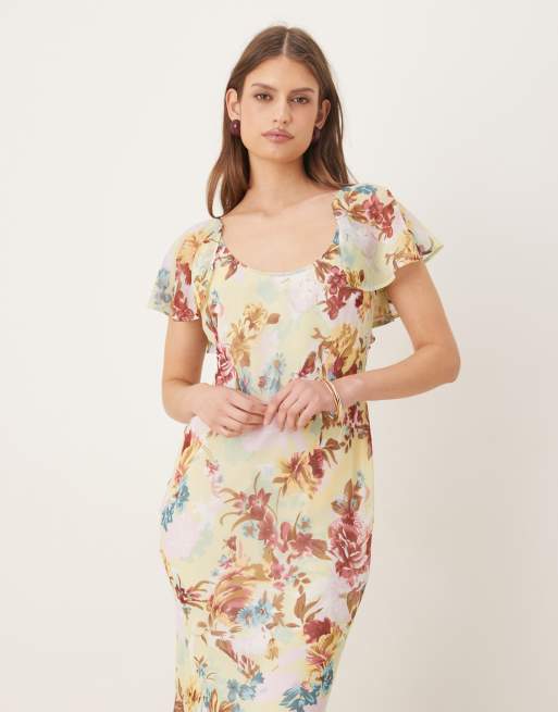 ASOS DESIGN - Robe longue coupée en biais à manches volantées et encolure dégagée - Vert fleuri, 4 de 4