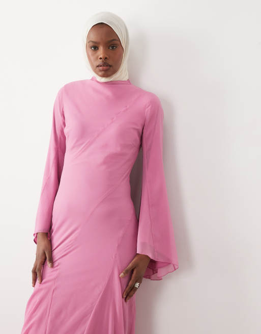 ASOS DESIGN - Robe longue coupée en biais avec godets superposés et manches longues - Rose, 2 de 4
