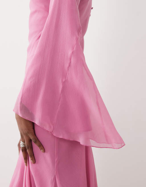 ASOS DESIGN - Robe longue coupée en biais avec godets superposés et manches longues - Rose, 3 de 4