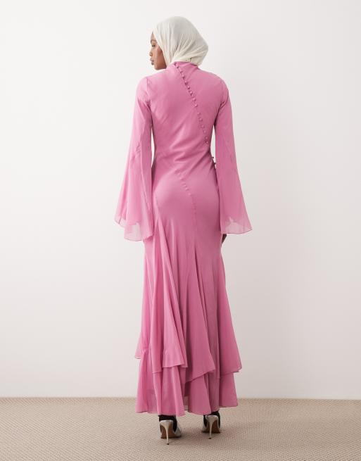 ASOS DESIGN - Robe longue coupée en biais avec godets superposés et manches longues - Rose, 4 de 4