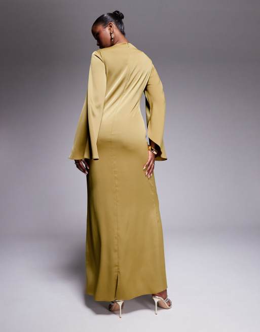 ASOS DESIGN - Robe longue coupée en biais avec manches accentuées et taille froncée - Doré, 3 de 4