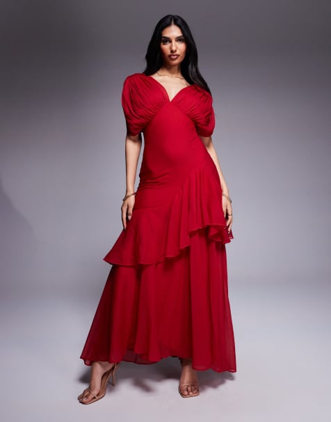 ASOS DESIGN - Robe longue coupée en biais effet blousant à ourlet volanté - Rouge - view 1