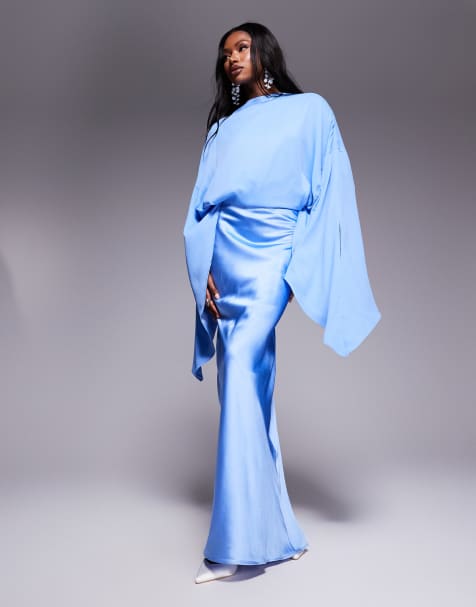 ASOS DESIGN - Robe longue coupée en biais effet superposé en satin et mousseline - Bleuet - view 1