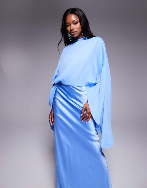 ASOS DESIGN - Robe longue coupée en biais effet superposé en satin et mousseline - Bleuet, 2 de 4