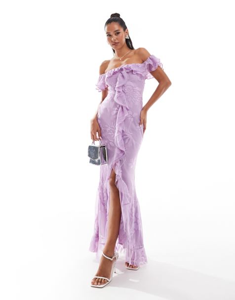 ASOS DESIGN - Robe longue coupée en biais en jacquard fleuri avec volants et encolure bardot - Lilas - view 1