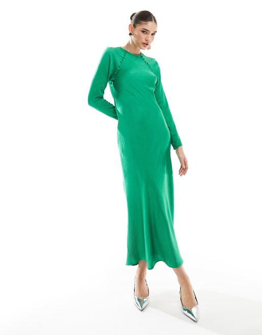 ASOS DESIGN Robe longue coupee en biais en satin avec boutons Vert emeraude