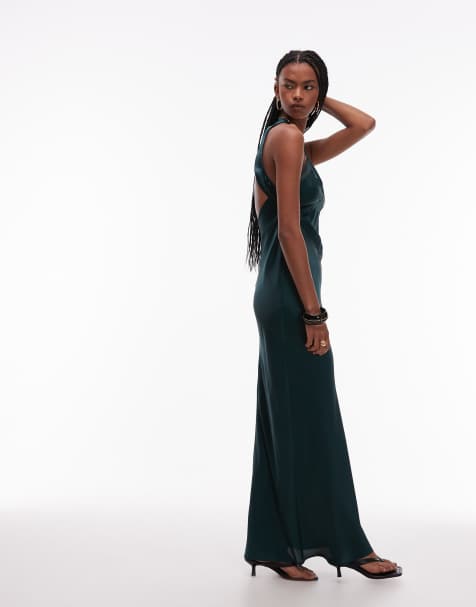 ASOS DESIGN - Robe longue coupée en biais en satin avec empiècements et dos asymétrique - Vert foncé - view 1