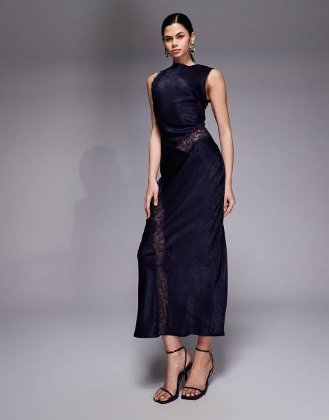 ASOS DESIGN - Robe longue coupée en biais en satin et dentelle avec encolure bateau - Bleu marine - view 1