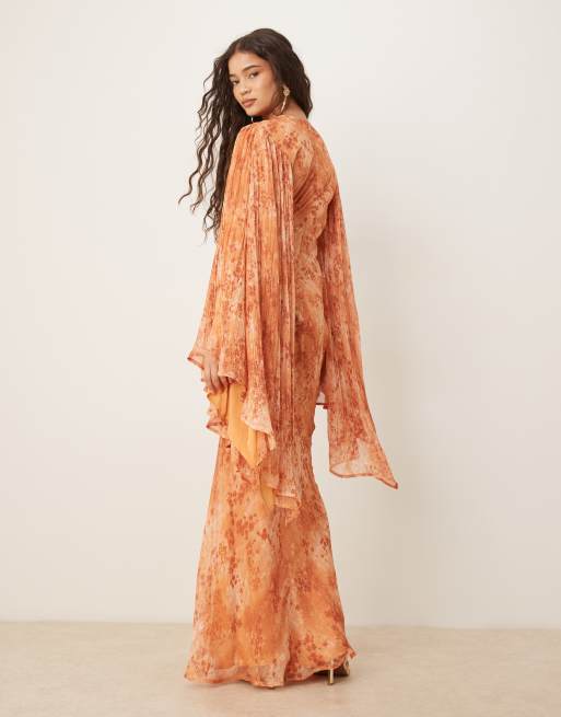 ASOS DESIGN - Robe longue croisée coupée en biais avec manches exagérées - Marron fleuri, 4 de 4