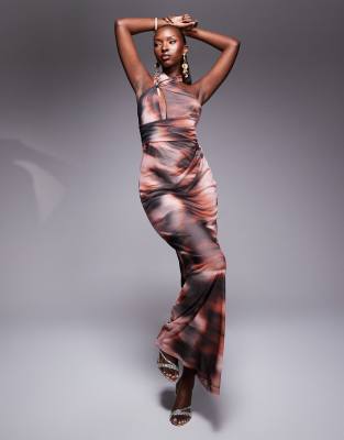Robe longue croisée sur le devant à dos nu et imprimé taches - Rose-Multicolore 44