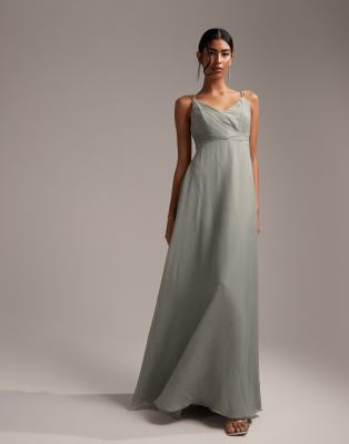 ASOS DESIGN - Robe longue de demoiselle d'honneur à bretelles fines avec corsage froncé et lien à la taille - Olive | ASOS