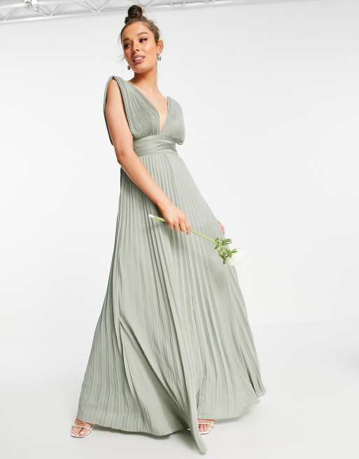 ASOS DESIGN Robe longue de demoiselle d honneur bretelles fines avec jupe pliss e et bande en satin sur la taille Olive