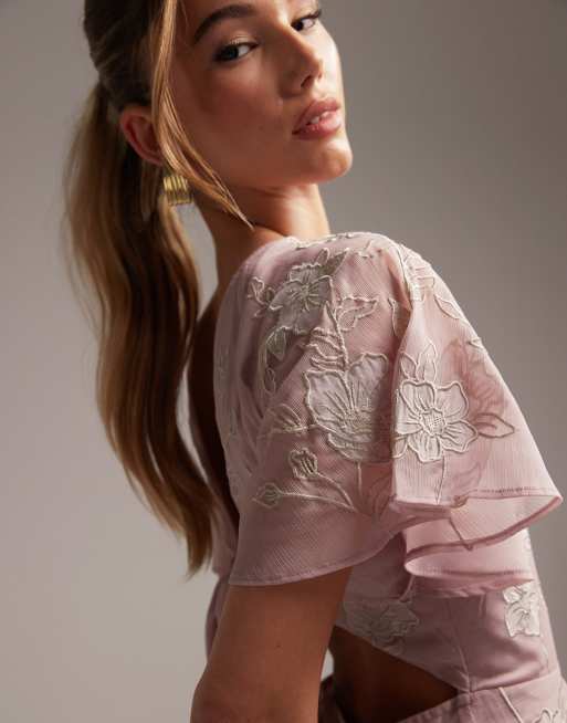 ASOS DESIGN - Robe longue de demoiselle d'honneur à manches ange avec appliqués fleuris - Rose, 3 de 5