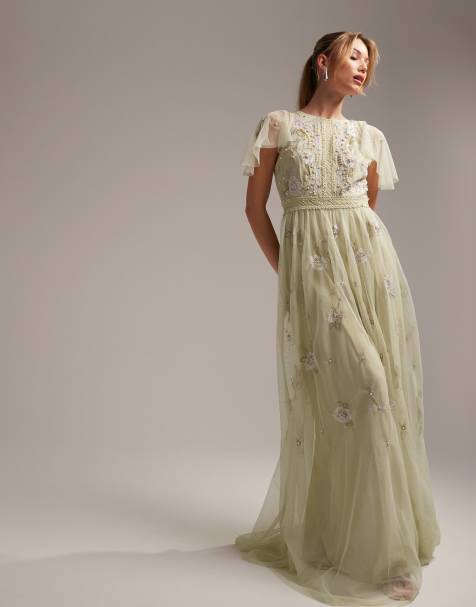 ASOS DESIGN - Robe longue de demoiselle d'honneur à manches évasées ornée de perles et de broderies florales - Vert sauge - view 1