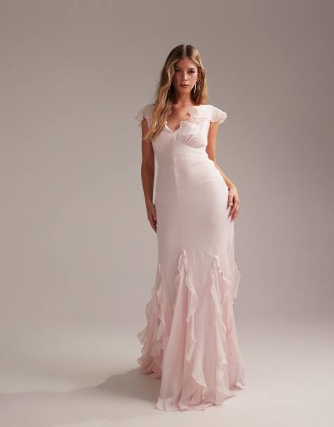 ASOS DESIGN - Robe longue de demoiselle d'honneur coupée en biais avec manches évasées et ourlet à godets volantés - Rose pâle - view 1