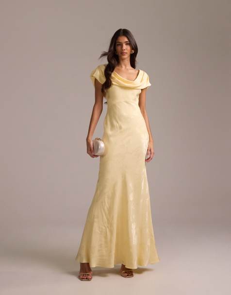 ASOS DESIGN - Robe longue de demoiselle d'honneur en jacquard à épaule tombante - Jaune pâle - view 1
