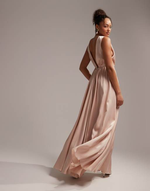 ASOS DESIGN Robe longue de demoiselle d honneur en satin avec corsage effet croise Blush