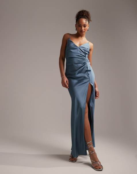 ASOS DESIGN - Robe longue de demoiselle d'honneur en satin avec détail drapé et bretelles fines - Bleu sombre - view 1