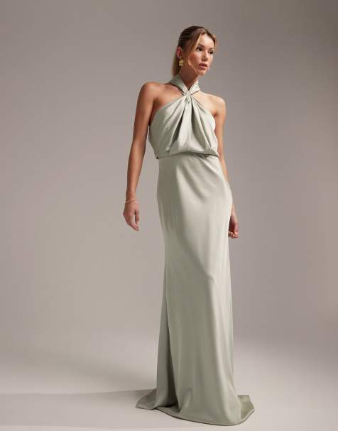 ASOS DESIGN - Robe longue de demoiselle d'honneur en satin froncé avec encolure américaine - Vert sauge - view 1