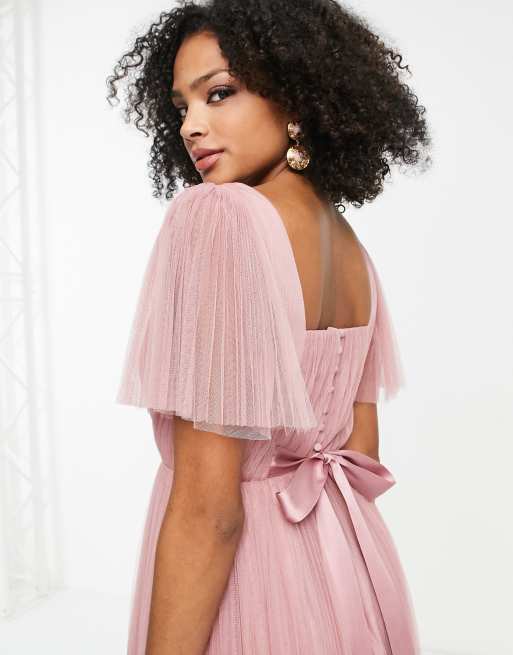 ASOS DESIGN Robe longue de demoiselle d honneur en tulle manches vas es et jupe pliss e Rose