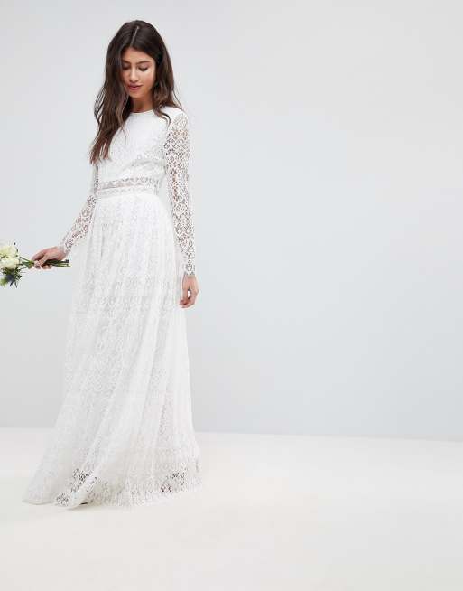 ASOS DESIGN Robe longue de mariage en dentelle avec crop top manches longues Blanc