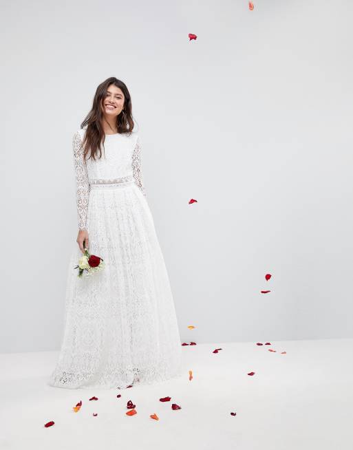 ASOS DESIGN Robe longue de mariage en dentelle avec crop top manches longues Blanc