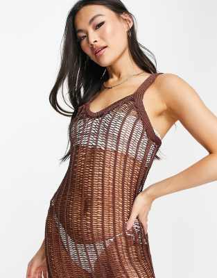 ASOS DESIGN - Robe longue de plage en maille ajourée effet échelle - Marron