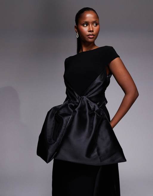 ASOS DESIGN - Robe longue de qualité supérieure avec nœud contrastant en satin sur le devant et traîne - Noir, 2 de 4
