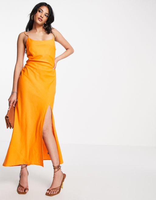 ASOS DESIGN Robe longue d t fines bretelles en lin avec fente Orange