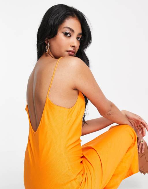 ASOS DESIGN Robe longue d t fines bretelles en lin avec fente Orange