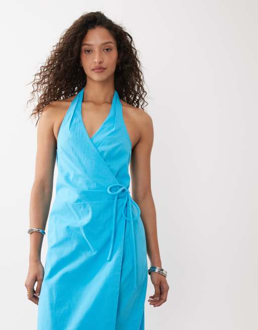 ASOS DESIGN robe longue d'été portefeuille à col halter en coton et lin turquoise, 2 de 4