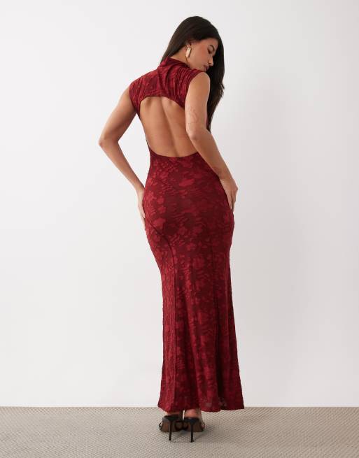 ASOS DESIGN robe longue dévorée fleurie à coutures apparentes, col montant et manches courtes en burgundy, 3 de 4