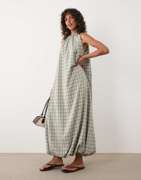 ASOS DESIGN - Robe longue dos nu à carreaux avec ourlet bouffant - Kaki - view 1