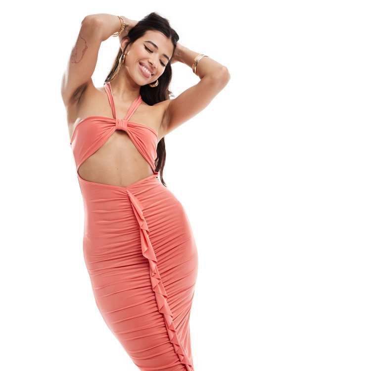 ASOS DESIGN Robe longue dos nu a decoupe et details volantes Corail ASOS