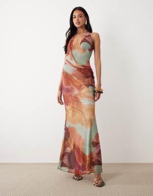 ASOS DESIGN - Robe longue dos nu à fleurs avec détail drapé - Vert sauge