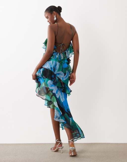 ASOS DESIGN - Robe longue dos nu à fleurs avec volants - Bleu vert, 4 de 4