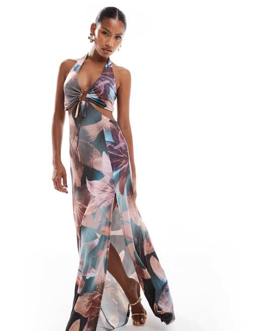 ASOS DESIGN Robe longue dos nu a fleurs et decoupes Noir ASOS