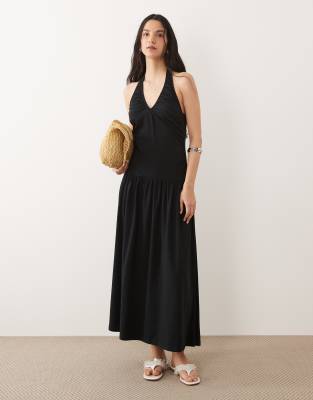 Robe longue dos nu à fronces et taille basse - Noir S