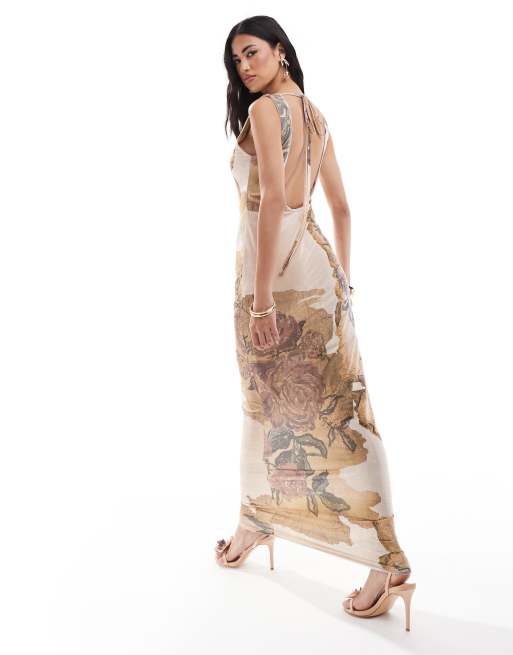 ASOS DESIGN Robe longue dos nu a imprime fleurs vintage avec bordures a picots blancs ASOS