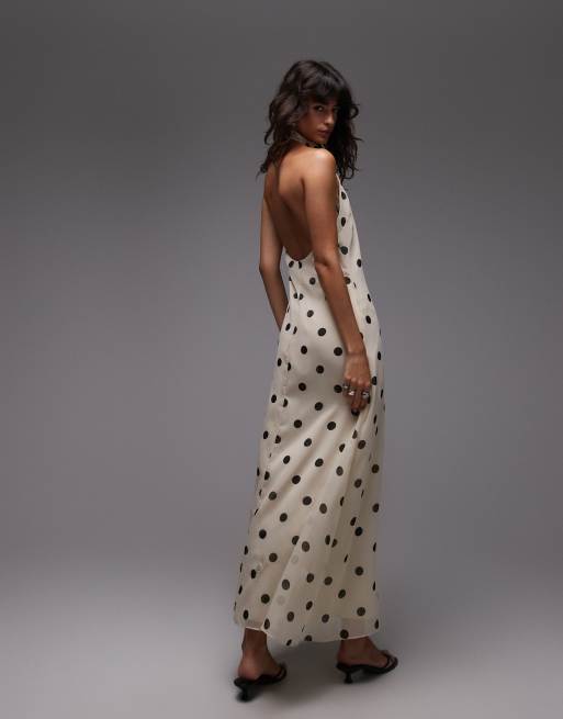 ASOS DESIGN - Robe longue dos nu à pois en mousseline à col montant - Crème, 3 de 4