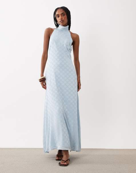 ASOS DESIGN - Robe longue dos nu à pois en mousseline transparente à col montant - Bleu - view 1