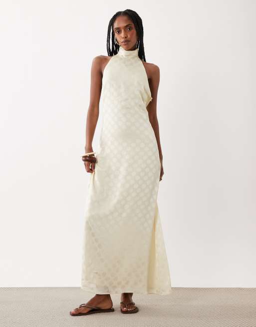 ASOS DESIGN - Robe longue dos nu à pois en mousseline transparente à col montant - Crème, 2 de 4