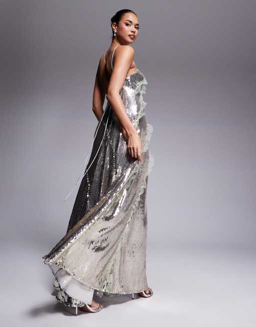 ASOS DESIGN - Robe longue dos nu à sequins avec empiècements en tulle volanté - Argenté, 3 de 4