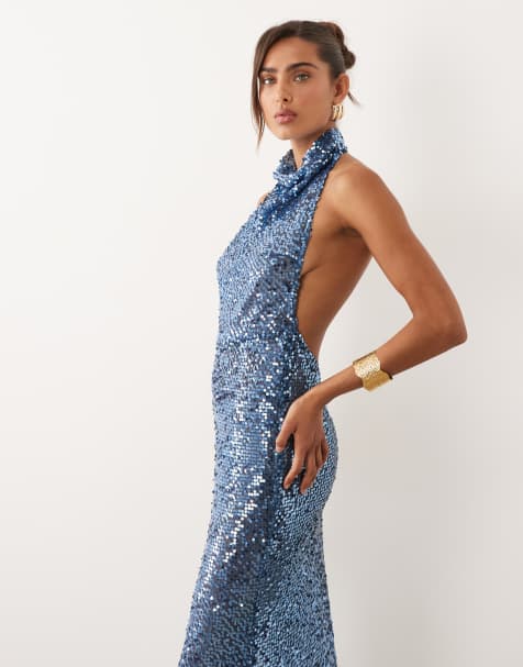 ASOS DESIGN - Robe longue dos nu à sequins en tissu transparent ornementé - Bleu - view 1