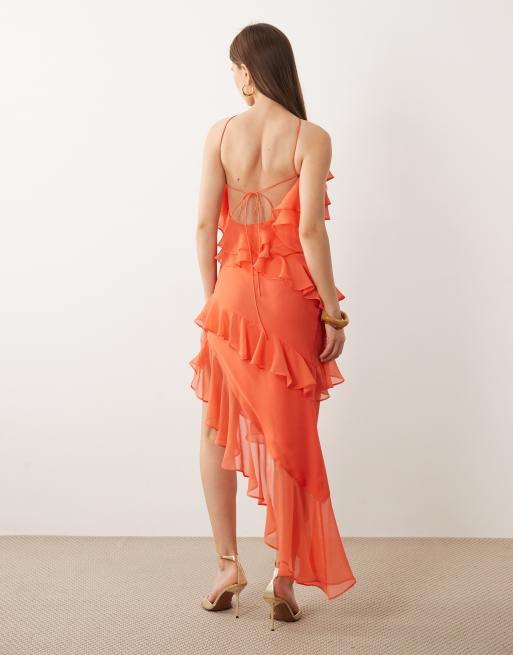 ASOS DESIGN - Robe longue dos nu à volants - Corail vif, 3 de 4