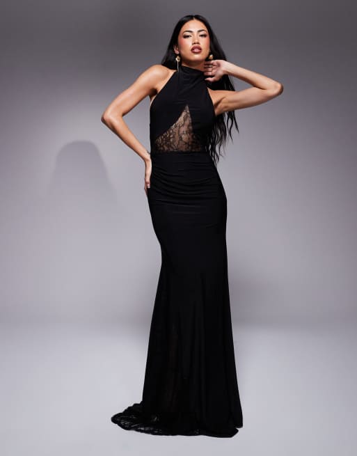ASOS DESIGN - Robe longue dos nu avec empiècements en dentelle, col montant et jupe évasée - Noir