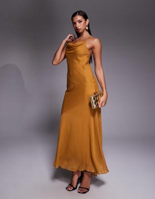 ASOS DESIGN - Robe longue dos nu avec surpiqûres en mousseline - Moutarde-Jaune