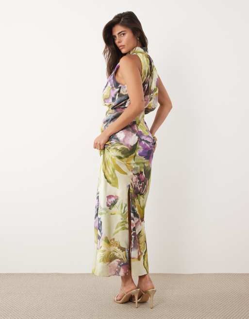 ASOS DESIGN - Robe longue dos nu bouffante en satin à imprimé fleurs peintes, 3 de 4