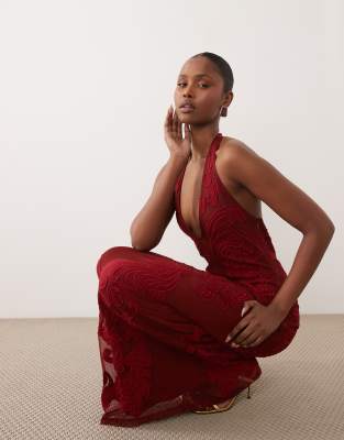 Robe longue dos nu de qualité supérieure à broderies appliquées - Rouge 44