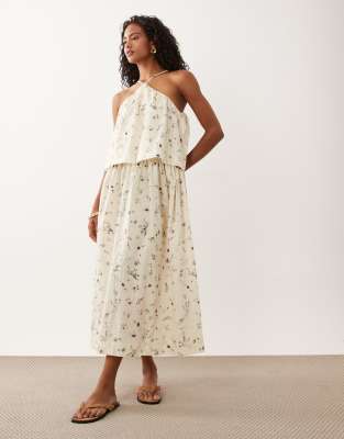 Robe longue dos nu double épaisseur à imprimé petites fleurs effet tacheté-multicolore 44